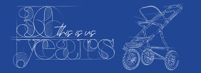 Mountain Buggy celebrates thirty years of designing products for babies, toddlers and parents - logo sketch with 3 wheel buggy on blueprint - 30 years this is us