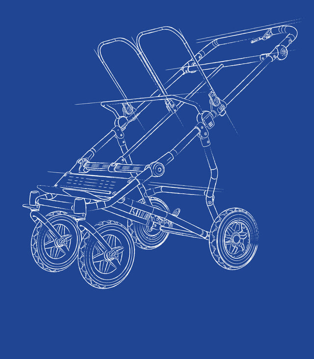 plan technique d'une poussette pour bébés jumeaux conçue pour transporter 2 nouveau-nés ou 2 enfants en bas âge - vue d'angle - mountain buggy