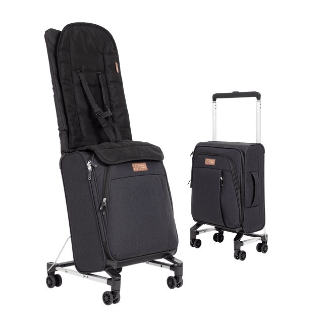 valise de voyage compacte skyrider qui se transforme en poussette lors des déplacements, présentée en mode enfant et en mode bagage à main