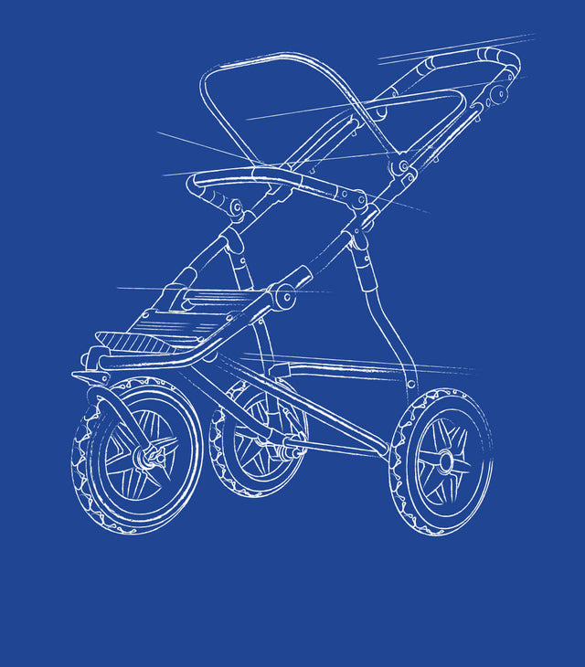 Technical drawing of our 3 wheeled baby buggy showing the full frame without fabric. Design explains wheels, tyres, bumper bar, hood frame and footplate - see our three wheeled swift™, urban jungle™, and terrain™ buggies - Mountain Buggy