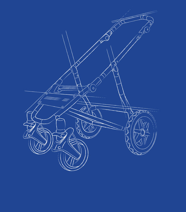 CAD drawing of 4 wheel baby buggy frame with all parts except fabric set - duet™ and nano duo™ 4 wheel buggies take 2 newborns or 2 toddlers while nano™ and cosmopolitan™ are single child four wheelers - mountain buggy