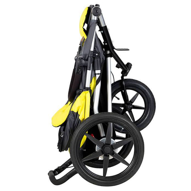 Mountain Buggy terrain stroller in yellow and black solus colour folds down compactly_solus