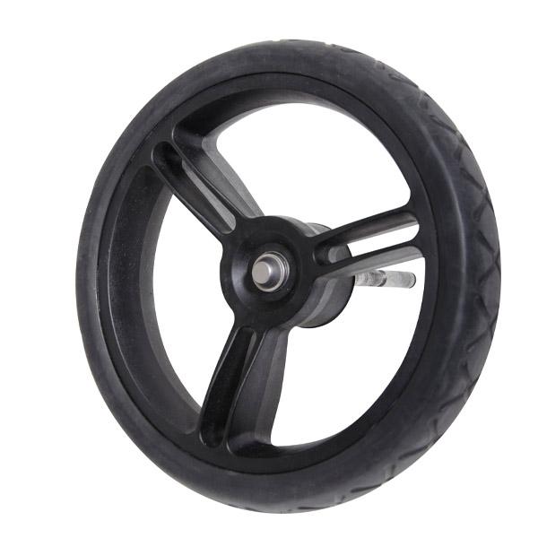 Mountain Buggy aerotech wheel bundle for pre-2017 duet strolllers showing close up of one rear wheel in black_black