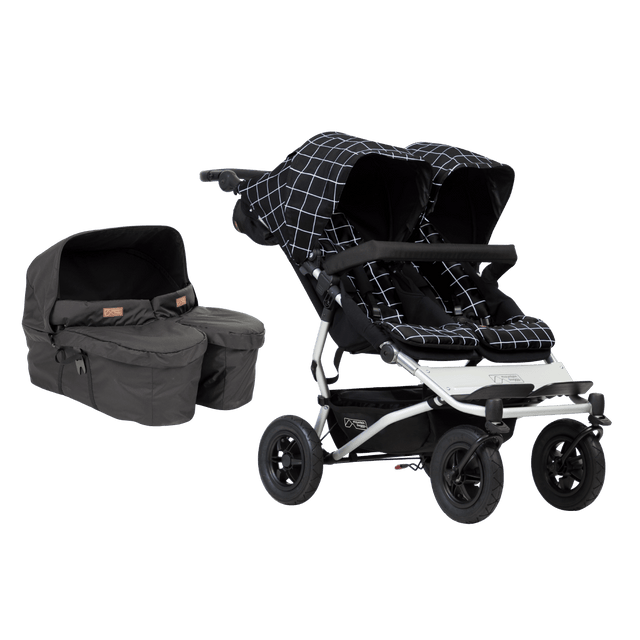 Mountain Buggy duet buggy and twin carrycot for twins bundle items showing stroller and carrycot plus