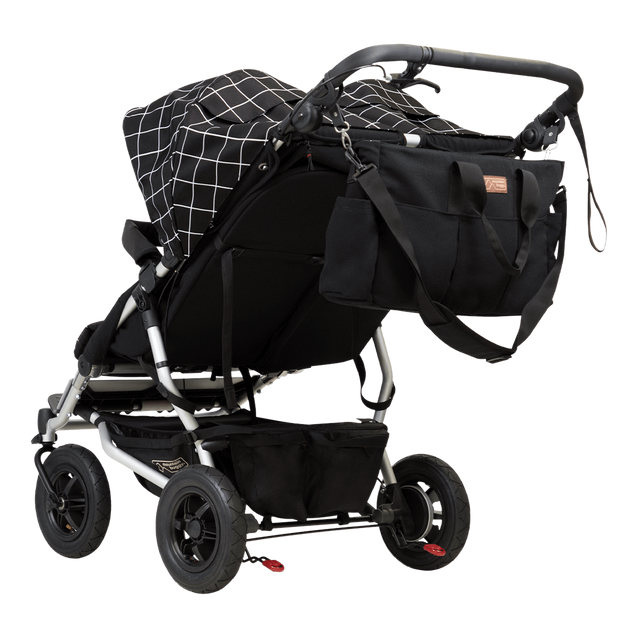 Mountain Buggy double satchel bag attached to duet double stroller stroller in colour grid_grid
