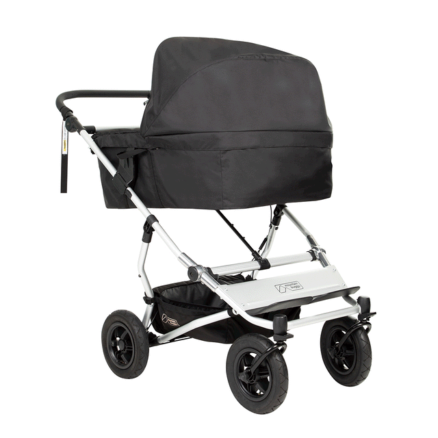 Mountain Buggy carrycot for twins gif to show front and rear views plus the overhead view to show the comfy space for babies_black