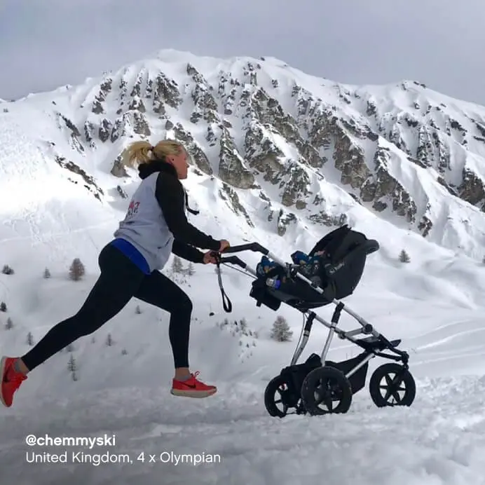 Mountain Buggy urban jungle stroller with protect car seat – athlete running on alpine snow slope
