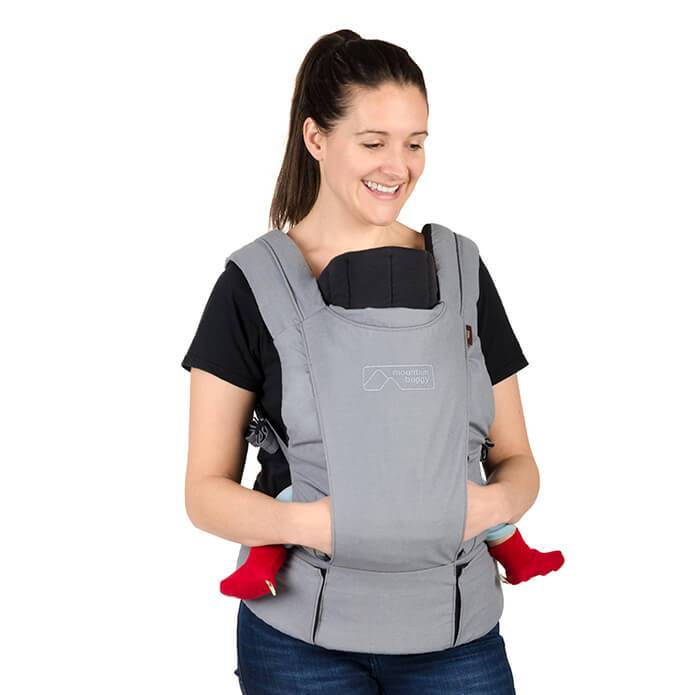mountain buggy juno baby carrier in charcoal grey colour with infant insert in use_charcoal