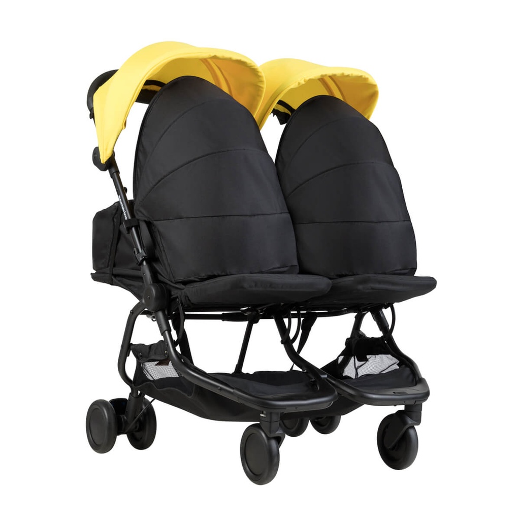 Mountain Buggy nano duo double lightweight buggy fitted with two newborn cocoons in colour cyber_cyber
