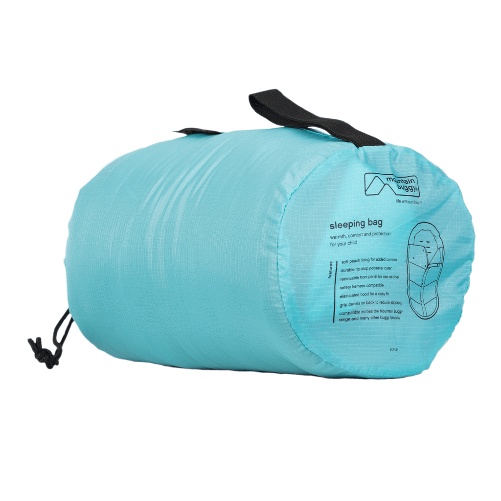 Mountain Buggy durable soft peach lined sleeping bag fully packed in colour ocean_ocean