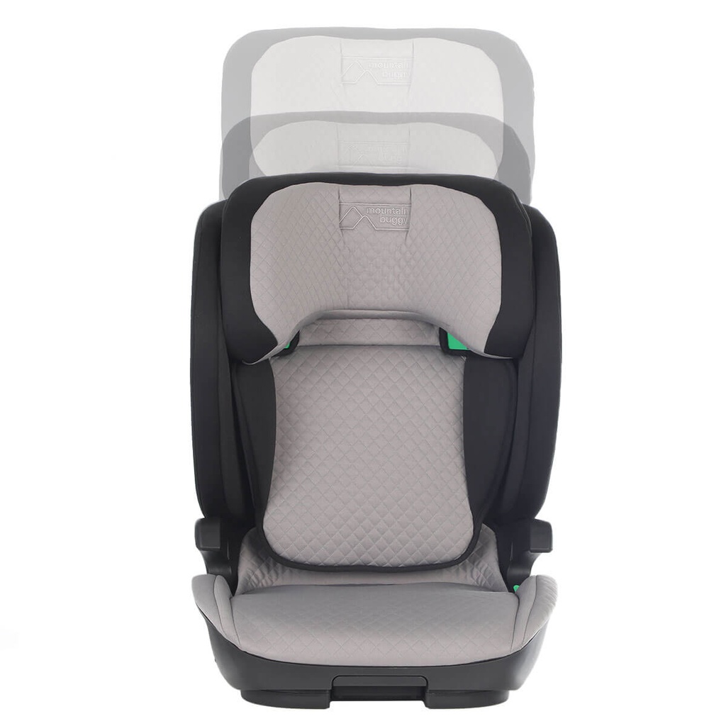 haven i-size booster seat front view with ghosted back height adjustment
