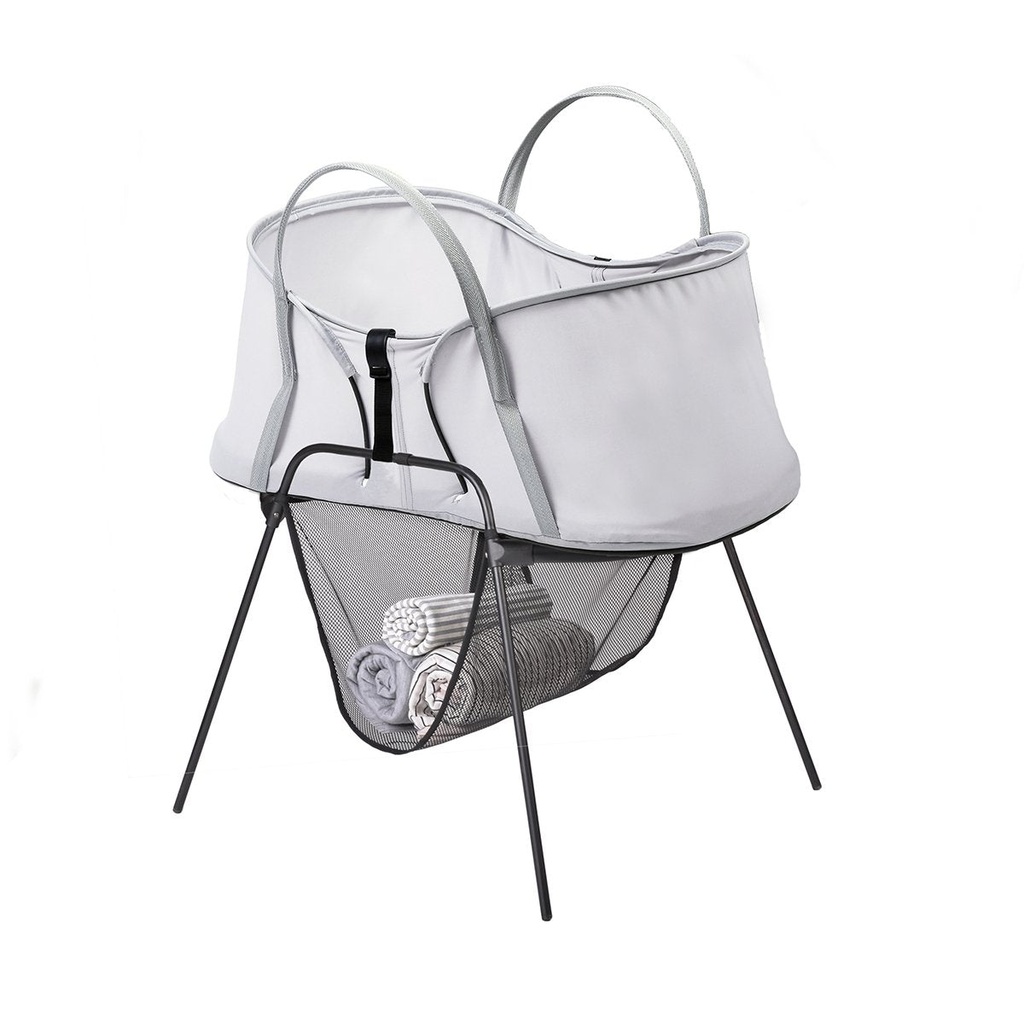 phil&teds carrycot stand with storage basket and nest baby bassinet on top 3/4 view