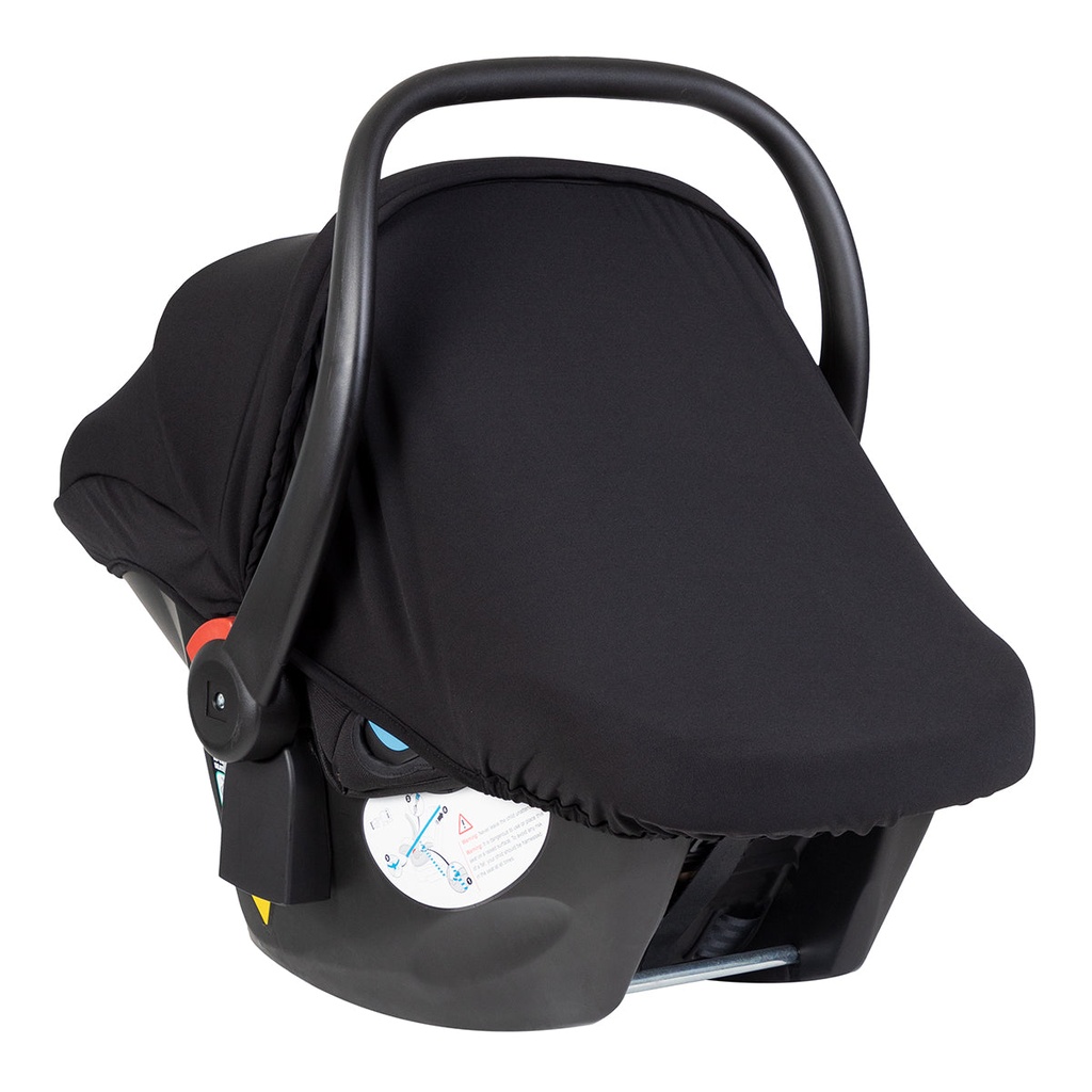 alpha infant car seat with the included UPF50 sun protection black out screen covering the car seat leaving the carry handle handy for moving your baby